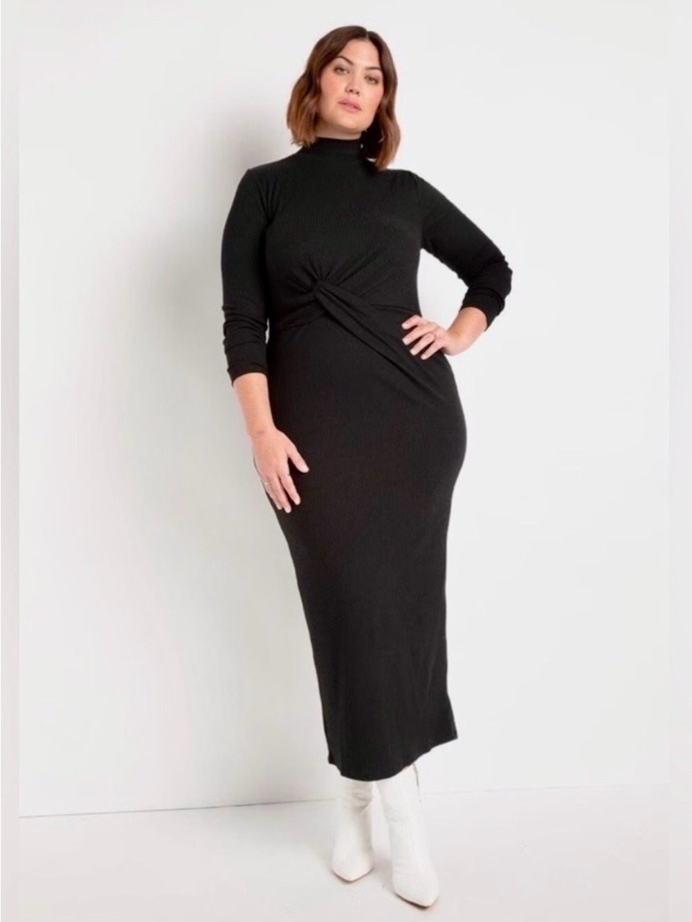 Eloquii Black Rib Knit Twist-Front Maxi Dress
